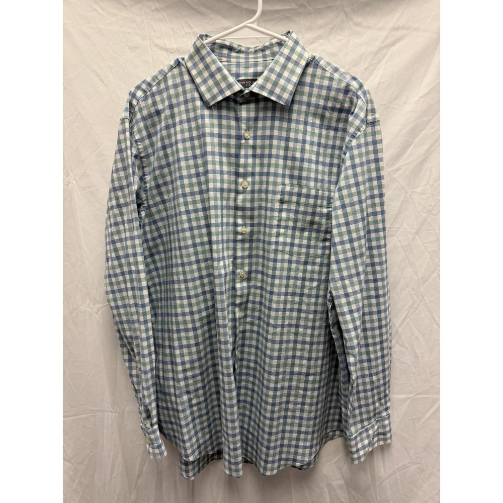 Van Heusen Mens Button Down Shirt XL Green Blue White Plaid Classic Fit Cotton